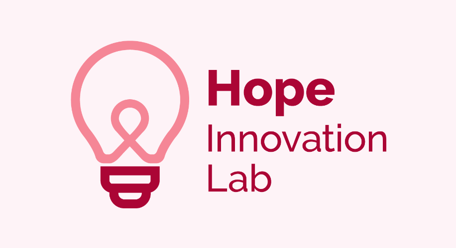 Hope Innovation Lab logo featuring a pink light bulb with a breast cancer ribbon inside, symbolizing ideas and awareness.